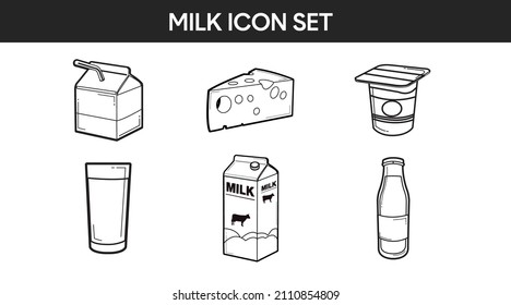 Milk Icon Set. Vector isolated black and white milk box or carton, milk bottle, yoghurt, cheese and a glass of milk