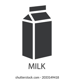 The milk icon. The silhouette of a cardboard box with milk and a signature. Delicious and healthy food that causes allergies. Vector illustration isolated on a white background.