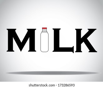 milk icon or symbol with text and bottle of milk - concept design vector illustration unusual art