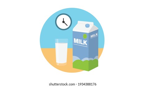 Icono de la leche. Ilustración aislada de vectores de una caja de leche o una caja de cartón y un vaso de leche con un reloj