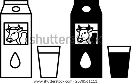 Milk Icons. Black and White Vector Illustrations. Milk in Packaging and Glass with Milk. Dairy Products, Food. Grocery Concept