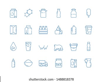 Milk icons. Bottle jars plastic containers with farm products cheeses yoghurt ice cream dairy vector milk symbols