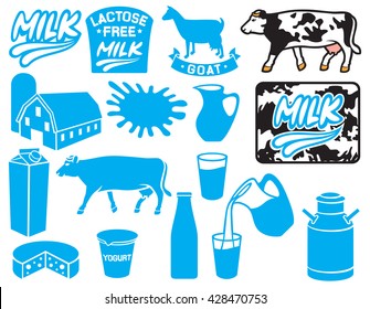 milk icons collection (lactose free label, goat, container for yogurt, jug, pitcher, retro can, barn and silo, farm)