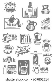 Milk icons for dairy products packaging labels. Vector icons of milk splash, bottle, jug or pitcher and box package. Cow and farm fresh natural badges for shop or market