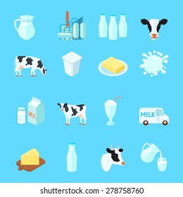 Milk Icons Flat Set With Cow Butter Cheese Isolated Vector Illustration