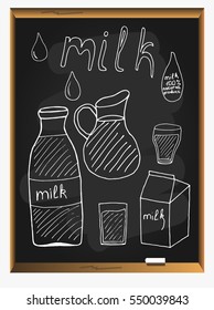 Milk icons on blackboard background.Vector illustration.