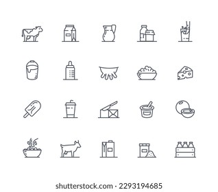 Milk icons outline set. Farming and agriculture. Cottage cheese, cream and condensed milk. Collection of dairy products in package. Cartoon flat vector illustrations isolated on white background