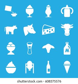Milk icons set. set of 16 milk filled icons such as cow, milk can, goat, tank, baby bottle, ice cream, ice cream ball, cereal, cheese