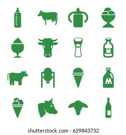 Milk icons set. set of 16 milk filled icons such as cow, milk can, goat, tank, baby bottle, ice cream, ice cream ball