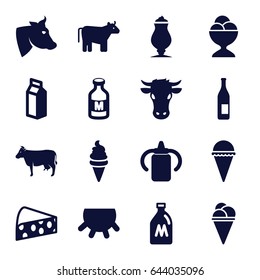 Milk icons set. set of 16 milk filled icons such as cow, udder, milk can, baby bottle, ice cream, ice cream ball, cheese