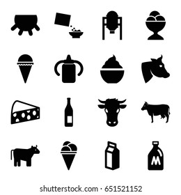 Milk icons set. set of 16 milk filled icons such as cow, udder, milk can, tank, baby bottle, ice cream, ice cream ball, cereal, cheese
