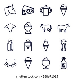 milk icons set. Set of 16 milk outline icons such as cow, udder, goat, tank, baby bottle, ice cream, ice cream ball, milk glass