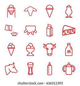 Milk icons set. set of 16 milk outline icons such as cow, udder, milk can, goat, tank, baby bottle, ice cream, ice cream ball, cereal