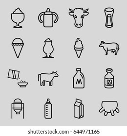 Milk icons set. set of 16 milk outline icons such as cow, udder, milk can, tank, baby bottle, ice cream