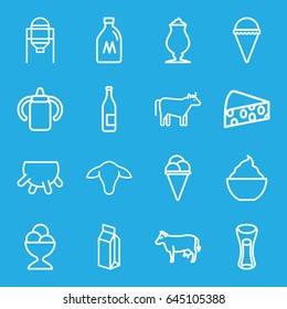 Milk icons set. set of 16 milk outline icons such as cow, udder, milk can, goat, tank, baby bottle, ice cream, ice cream ball, cheese