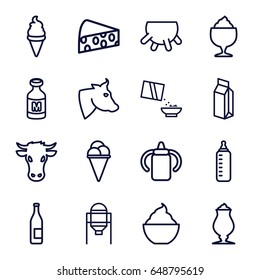 Milk icons set. set of 16 milk outline icons such as cow, udder, tank, baby bottle, ice cream, milkshake, milk, cereal, cheese