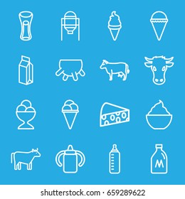 Milk icons set. set of 16 milk outline icons such as cow, udder, milk can, tank, baby bottle, ice cream, ice cream ball