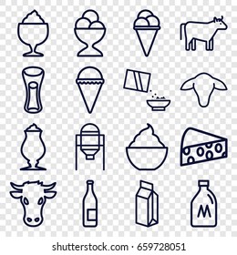 Milk icons set. set of 16 milk outline icons such as cow, milk can, goat, tank, ice cream, ice cream ball, cereal, cheese