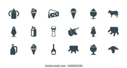 Milk icons. set of 18 editable filled milk icons: udder, baby bottle, ice cream, milk glass, cheese, goat, cow