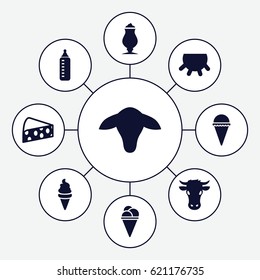 Milk icons set. set of 9 milk filled icons such as udder, goat, cow, baby bottle, ice cream, milkshake
