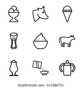 Milk icons set. set of 9 milk outline icons such as cow, baby bottle, ice cream, ice cream ball, milk glass, milkshake