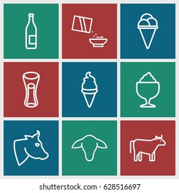 Milk icons set. set of 9 milk outline icons such as cow, goat, ice cream, milk glass, milkshake, cereal
