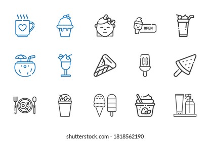 milk icons set. Collection of milk with cream, ice cream, milkshake, breakfast, popsicle, coconut, baby, drink. Editable and scalable milk icons.