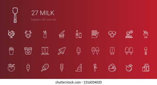 milk icons set. Collection of milk with ice cream, scoop, popsicle, coconut, cream, milkshake, chocolate, beverage, breakfast, whipped cream. Editable and scalable milk icons.
