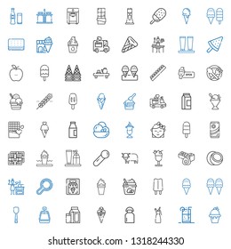 milk icons set. Collection of milk with ice cream, soft drink, whipped cream, scoop, popsicle, ice cream machine, rattle, sauce, coconut, chocolate. Editable and scalable milk icons.