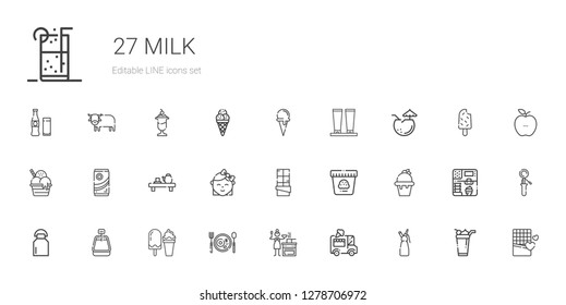 milk icons set. Collection of milk with whipped ice cream car, sauce, breakfast, ice cream, chocolate, baby, tea, coconut, cream, ice cream cone. Editable and scalable milk icons.