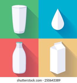 Milk icons set. Flat simple style. Milk bottle, glass, box pack and drop.