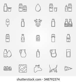 Milk icons set - vector linear milk package symbols, ice cream, cow signs or logo elements