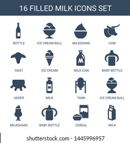 milk icons. Trendy 16 milk icons. Contain icons such as bottle, ice cream ball, milkshake, cow, goat, ice cream, milk can, baby bottle, udder, tank. icon for web and mobile.