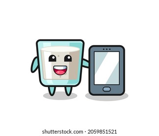 milk illustration cartoon holding a smartphone , cute style design for t shirt, sticker, logo element