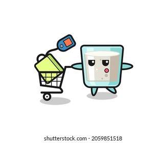 milk illustration cartoon with a shopping cart , cute style design for t shirt, sticker, logo element