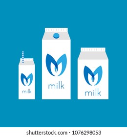 Milk illustration set in different size modern premium packages and flat design. Small an big containter of milk with custom logo and white-blue straw.