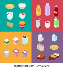 Milk Industry Production. Dairy Products with Bottle, Cream and Cheese. Isometric vector flat 3d illustration