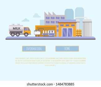 Milk industry vector illustration. Organic farming, milk factory and milk products realization concepts in modern flat style for dairy business advertising.