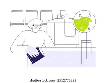 Ilustração vetorial de conceito abstrato de inoculação de leite. Trabalhador aquece leite, indústria alimentícia, laticínios, cultura produtora de ácido lático, iogurte com metáfora abstrata bifidobacterium.