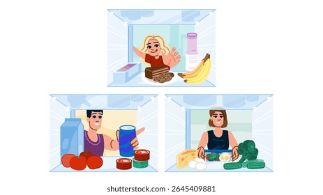 milk inside fridge people vector. eggs cheese, vegetables condiments, butter yogurt milk inside fridge people character. people flat cartoon illustration