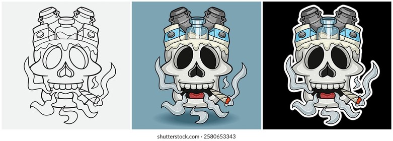 Milk Inside Skull Head With Smoking Character Cartoon. Black White, Colorful and Sticker Style. For T shirt print, Brand Logo, Label and Mascot product. Vectors Illustrations