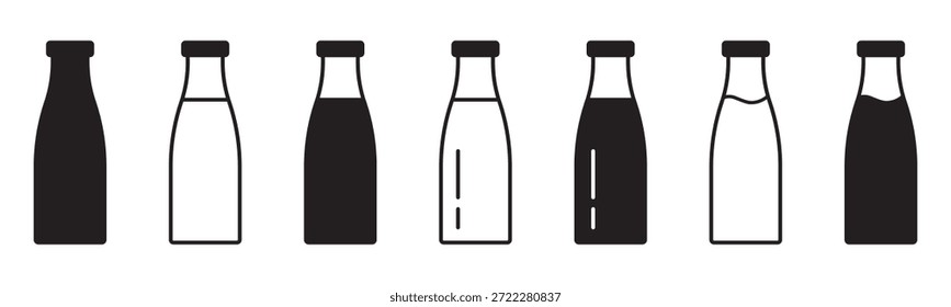 Milk Jar and Bottle Icon Set, Dairy Beverage and Farm Fresh Symbols