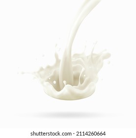 Milk jet, milky splash, vector realistic liquid white splash on isolated background. 3d illustration.