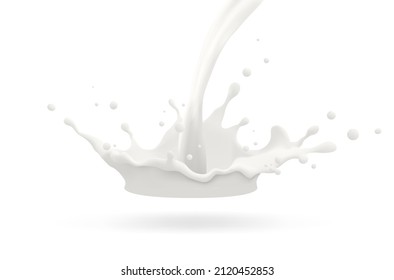 Milk jet, milky splash, vector realistic liquid white splash on isolated background. 3d illustration.