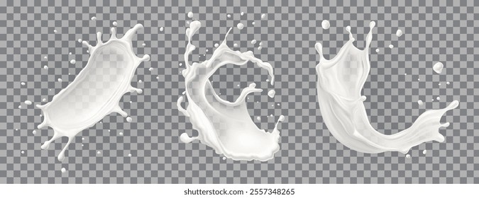 Milk jet, milky splash, vector realistic liquid white splash on isolated background. 3d illustration.	
