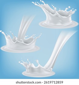 Milk jet, milky splash, vector realistic liquid white splash on isolated background