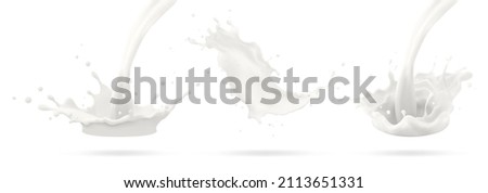 Milk jet, milky splash, vector realistic liquid white splash on isolated background. 3d illustration.