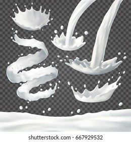 Milk jet splashes, drops and blot set. 3d Realistic white liquid ilustration. Vector drink on transparent background.