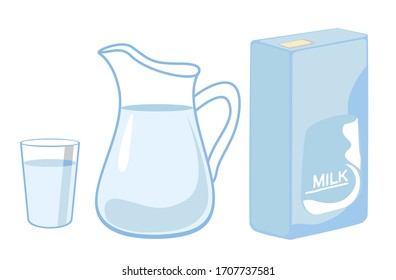 Milk in a jug and in a box. Dairy products, milk various packaging. Milk food healthy. 