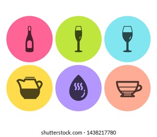 Milk jug, Champagne and Hot water icons simple set. Champagne glass, Wineglass and Americano signs. Fresh drink, Celebration drink. Food and drink set. Flat milk jug icon. Circle button. Vector